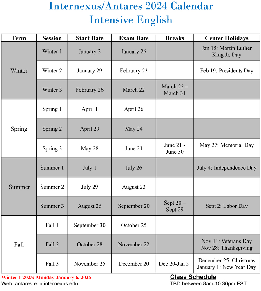 Intensive English calendar